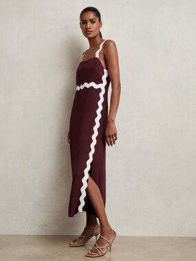 NWT Reiss Asher Wave-Trim Crepe Midi Dress in Burgundy Size 8